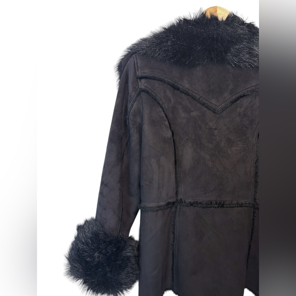 VINTAGE | L Faux Mink Faux Suede Super soft V-Neck Fall Winter Cozy Black Jacket - Picture 10 of 12